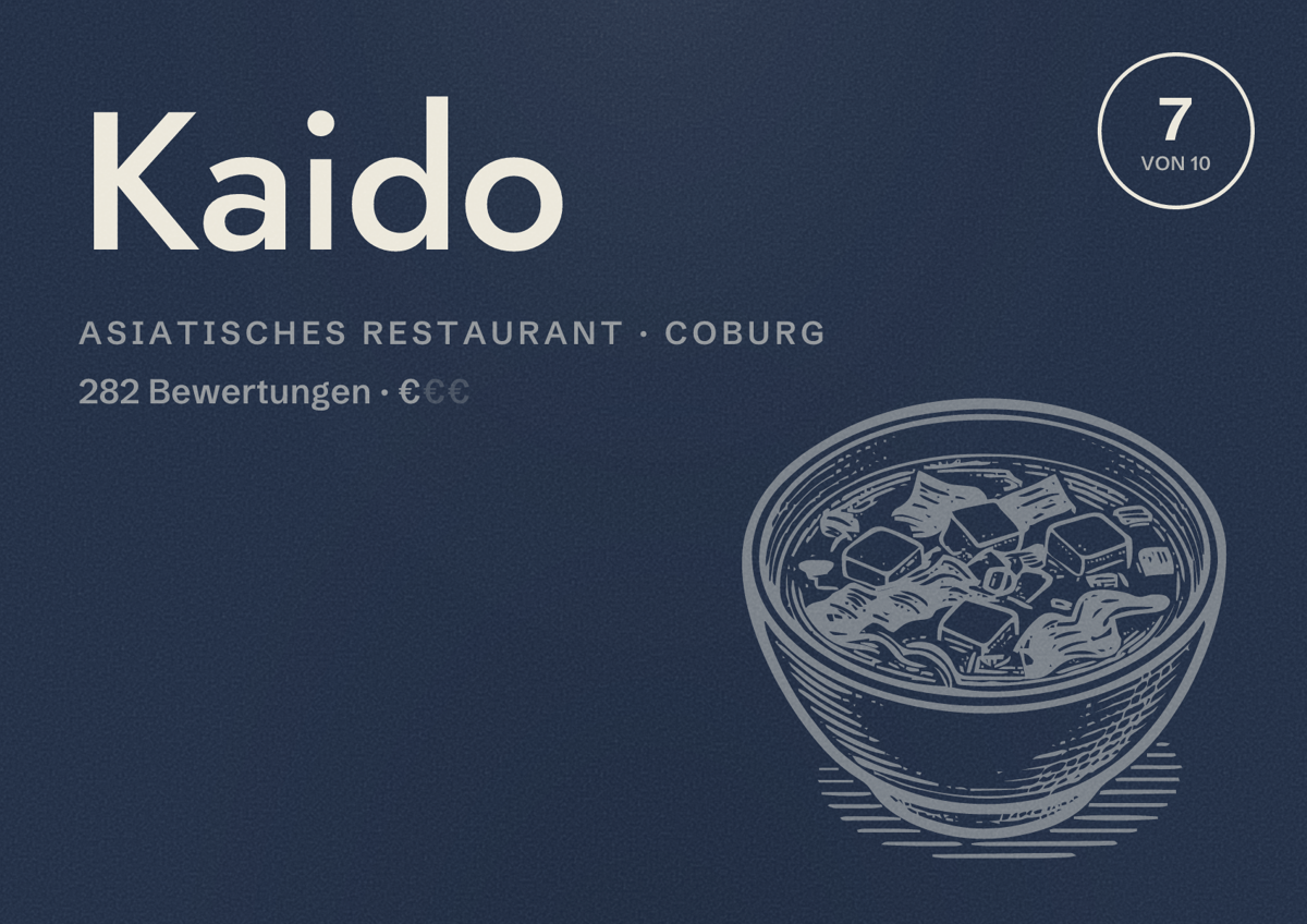 Illustriertes Poster von Kaido, Asiatisches Restaurant in Coburg: Bewertung 7 von 10 aus 282 Bewertungen, Preisniveau €