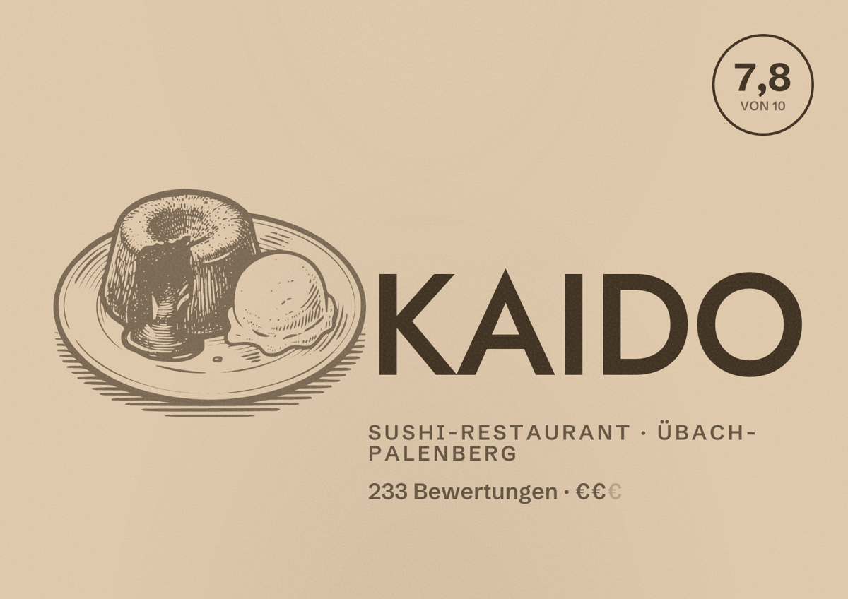 Illustriertes Poster von KAIDO, Sushi-Restaurant in Übach-Palenberg: Bewertung 7,8 von 10 aus 233 Bewertungen, Preisniveau €€