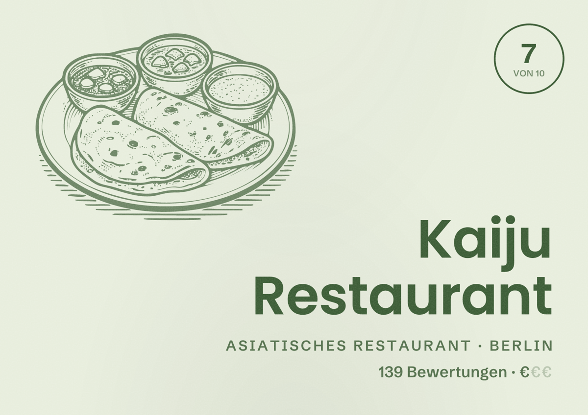 Illustriertes Poster von Kaiju Restaurant, Asiatisches Restaurant in Berlin: Bewertung 7 von 10 aus 139 Bewertungen, Preisniveau €