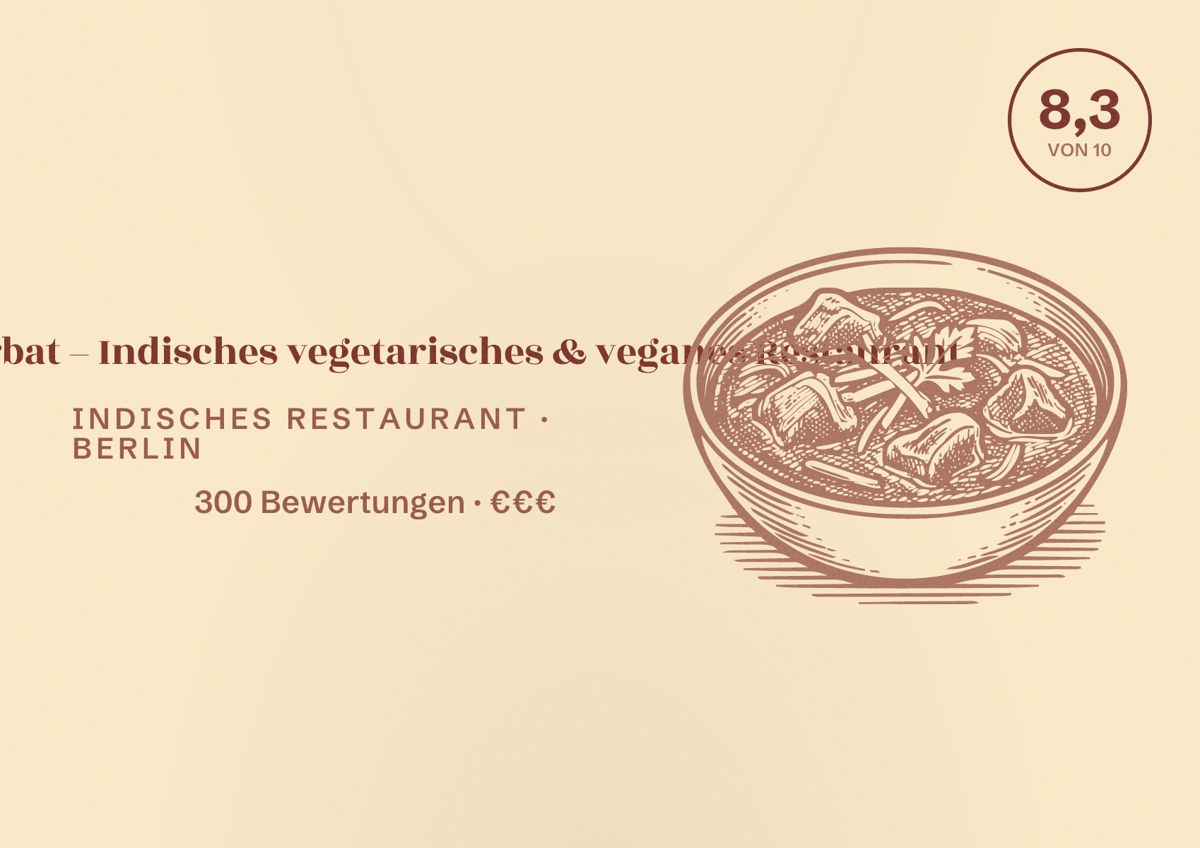 Illustriertes Poster von Kailash Parbat – Indisches vegetarisches & veganes Restaurant, Indisches Restaurant in Berlin: Bewertung 8,3 von 10 aus 300 Bewertungen, Preisniveau €€€