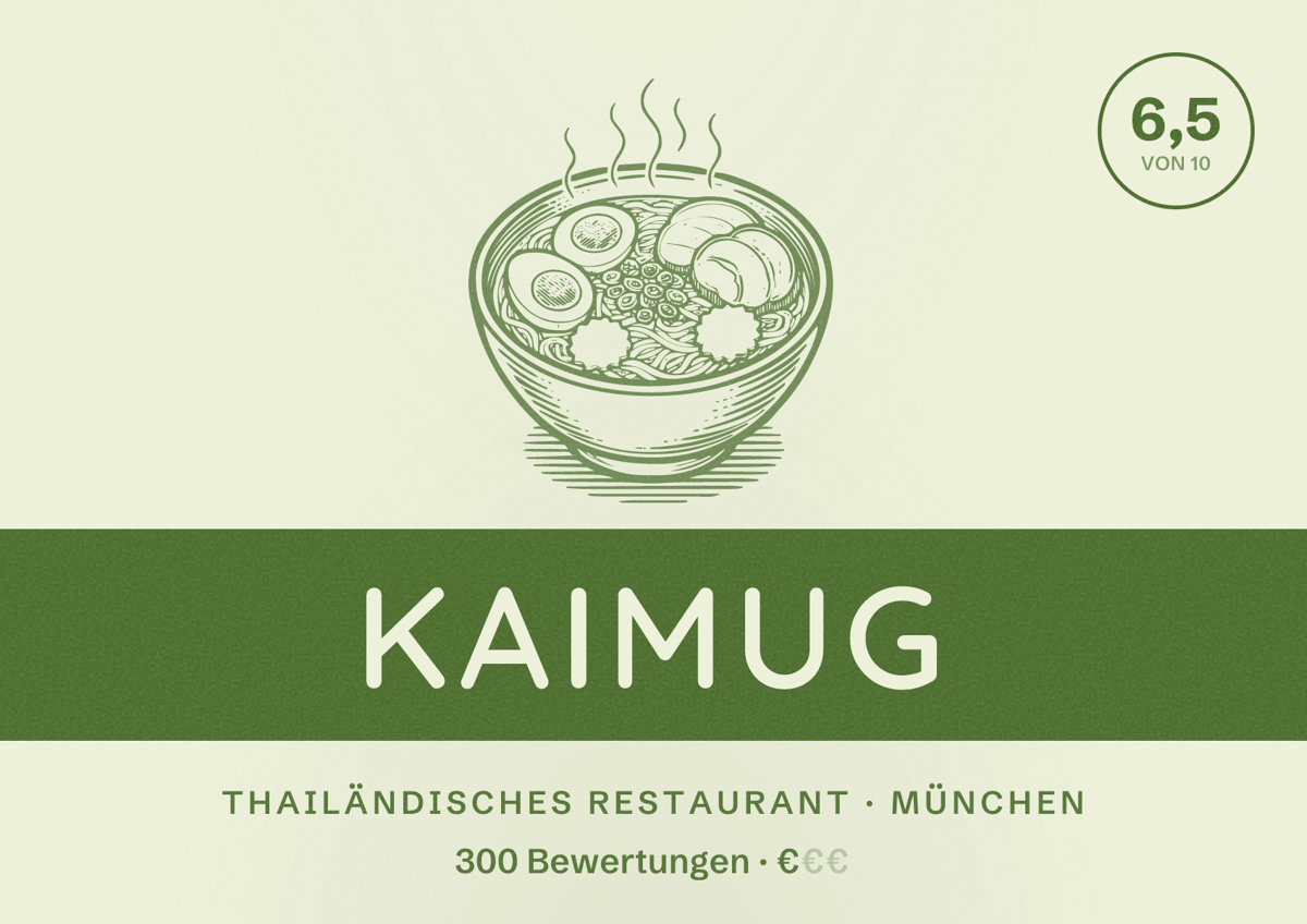 Illustriertes Poster von KAIMUG, Thailändisches Restaurant in München: Bewertung 6,5 von 10 aus 300 Bewertungen, Preisniveau €