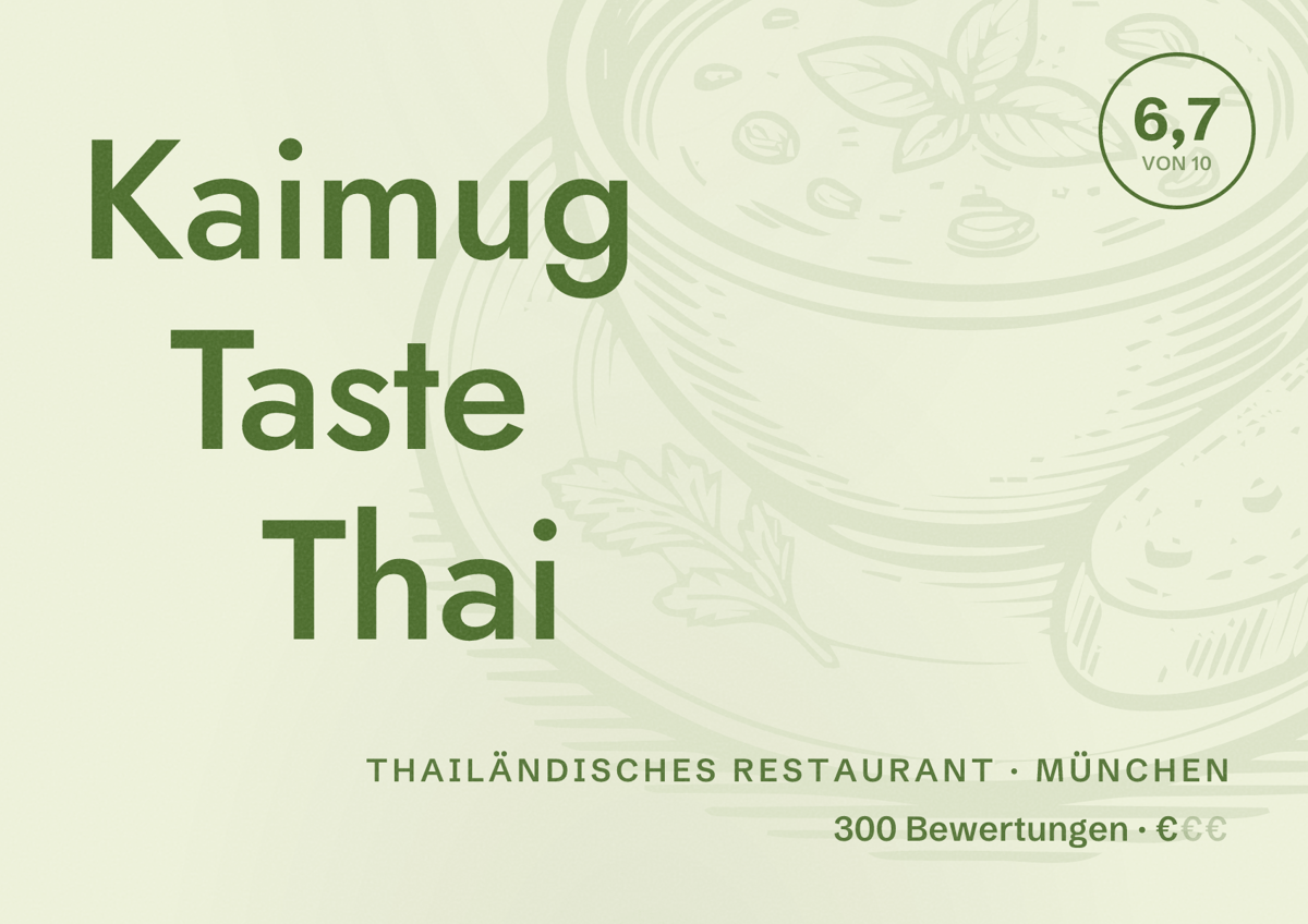 Illustriertes Poster von Kaimug Taste Thai, Thailändisches Restaurant in München: Bewertung 6,7 von 10 aus 300 Bewertungen, Preisniveau €