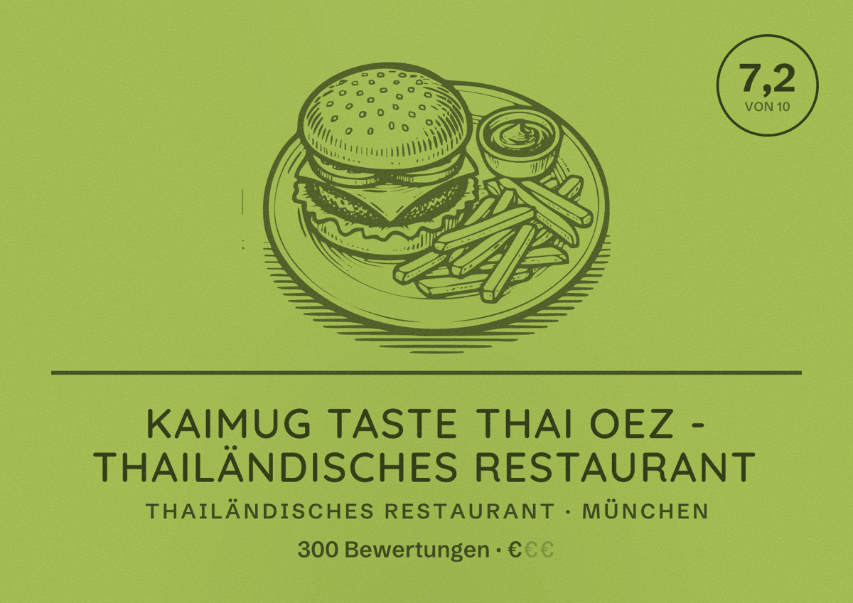 Illustriertes Poster von KAIMUG Taste Thai OEZ - Thailändisches Restaurant, Thailändisches Restaurant in München: Bewertung 7,2 von 10 aus 300 Bewertungen, Preisniveau €