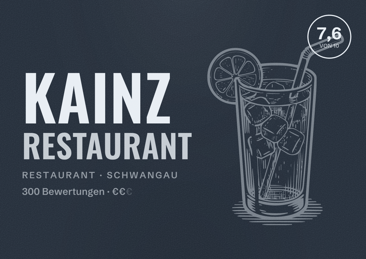 Illustriertes Poster von Kainz Restaurant, Restaurant in Schwangau: Bewertung 7,6 von 10 aus 300 Bewertungen, Preisniveau €€