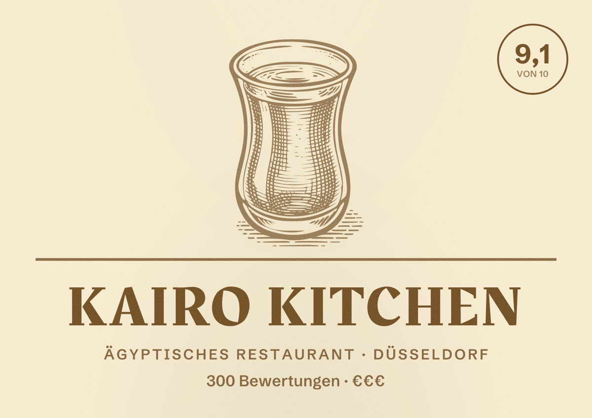 Illustriertes Poster von Kairo Kitchen, Ägyptisches Restaurant in Düsseldorf: Bewertung 9,1 von 10 aus 300 Bewertungen, Preisniveau €€€