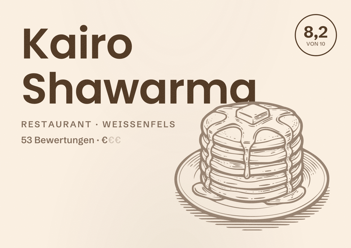 Illustriertes Poster von Kairo Shawarma, Restaurant in Weißenfels: Bewertung 8,2 von 10 aus 53 Bewertungen, Preisniveau €