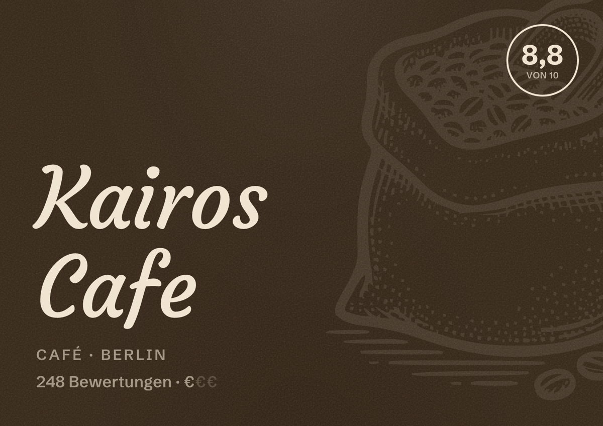 Illustriertes Poster von Kairos Cafe, Café in Berlin: Bewertung 8,8 von 10 aus 248 Bewertungen, Preisniveau €