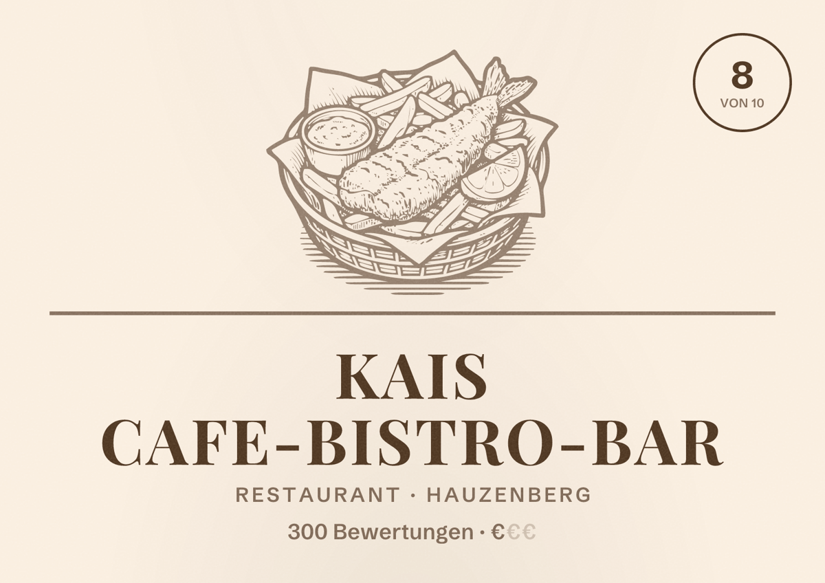Illustriertes Poster von Kais Cafe-Bistro-Bar, Restaurant in Hauzenberg: Bewertung 8 von 10 aus 300 Bewertungen, Preisniveau €