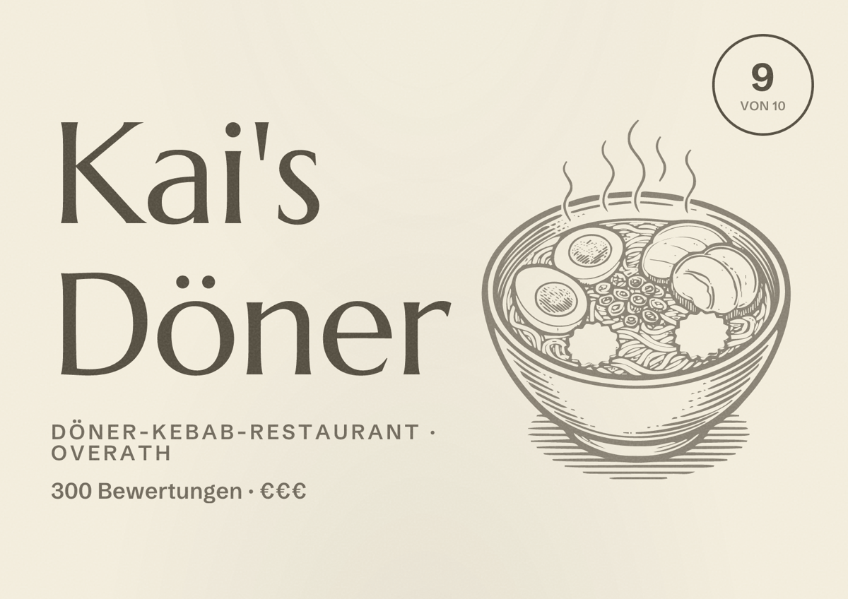 Illustriertes Poster von Kai's Döner, Döner-Kebab-Restaurant in Overath: Bewertung 9 von 10 aus 300 Bewertungen, Preisniveau €€€
