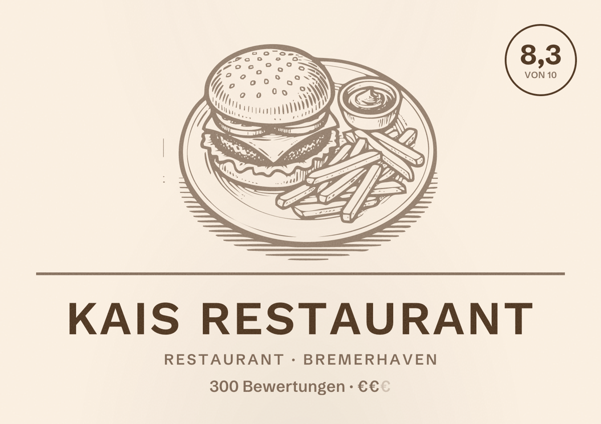 Illustriertes Poster von Kais Restaurant, Restaurant in Bremerhaven: Bewertung 8,3 von 10 aus 300 Bewertungen, Preisniveau €€