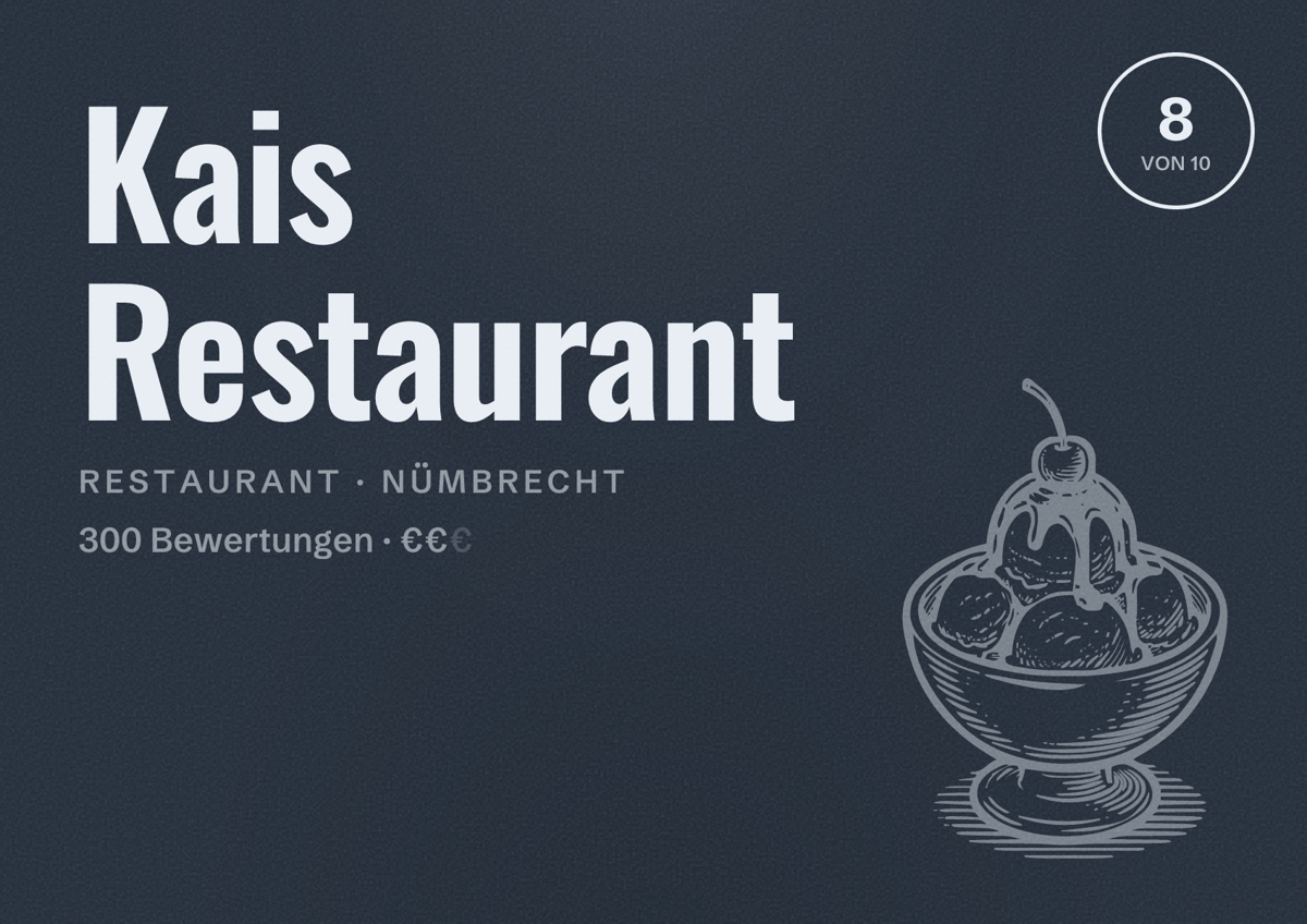 Illustriertes Poster von Kais Restaurant, Restaurant in Nümbrecht: Bewertung 8 von 10 aus 300 Bewertungen, Preisniveau €€