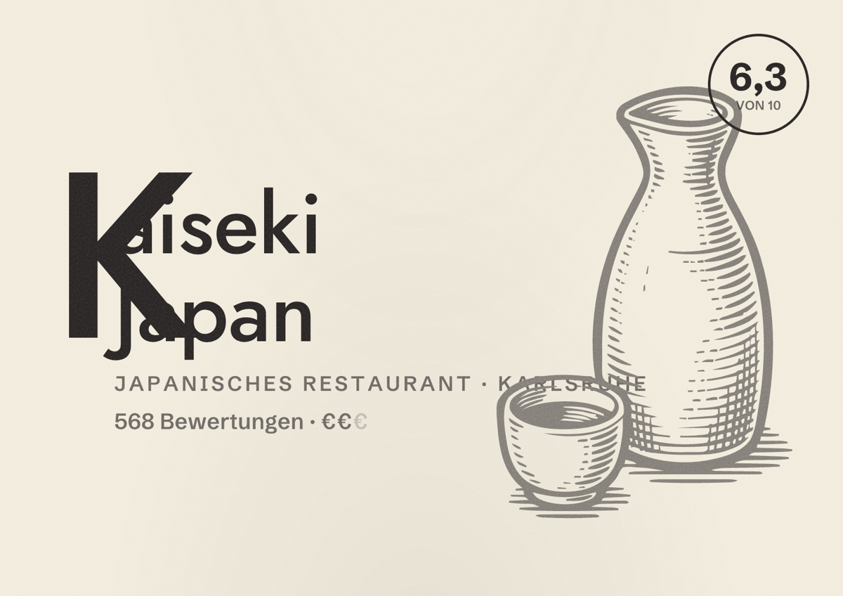 Illustriertes Poster von Kaiseki Japan, Japanisches Restaurant in Karlsruhe: Bewertung 6,3 von 10 aus 568 Bewertungen, Preisniveau €€