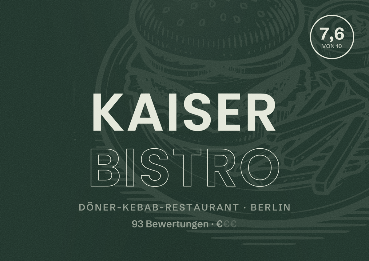 Illustriertes Poster von Kaiser Bistro, Döner-Kebab-Restaurant in Berlin: Bewertung 7,6 von 10 aus 93 Bewertungen, Preisniveau €