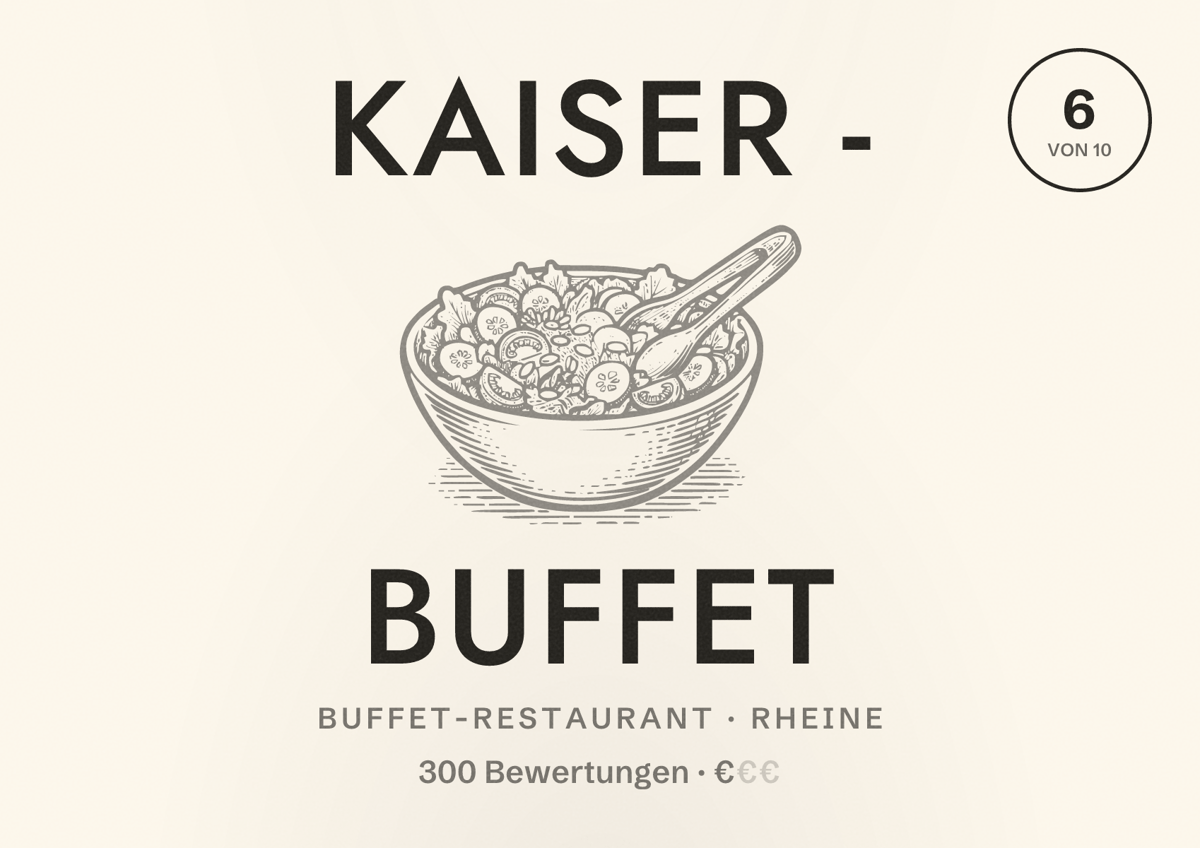 Illustriertes Poster von Kaiser - Buffet, Buffet-Restaurant in Rheine: Bewertung 6 von 10 aus 300 Bewertungen, Preisniveau €