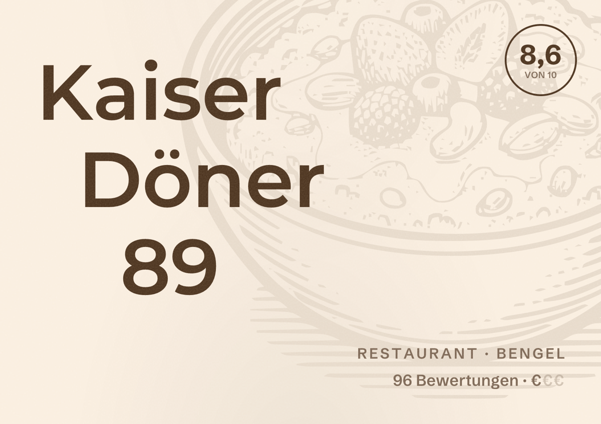 Illustriertes Poster von Kaiser Döner 89, Restaurant in Bengel: Bewertung 8,6 von 10 aus 96 Bewertungen, Preisniveau €