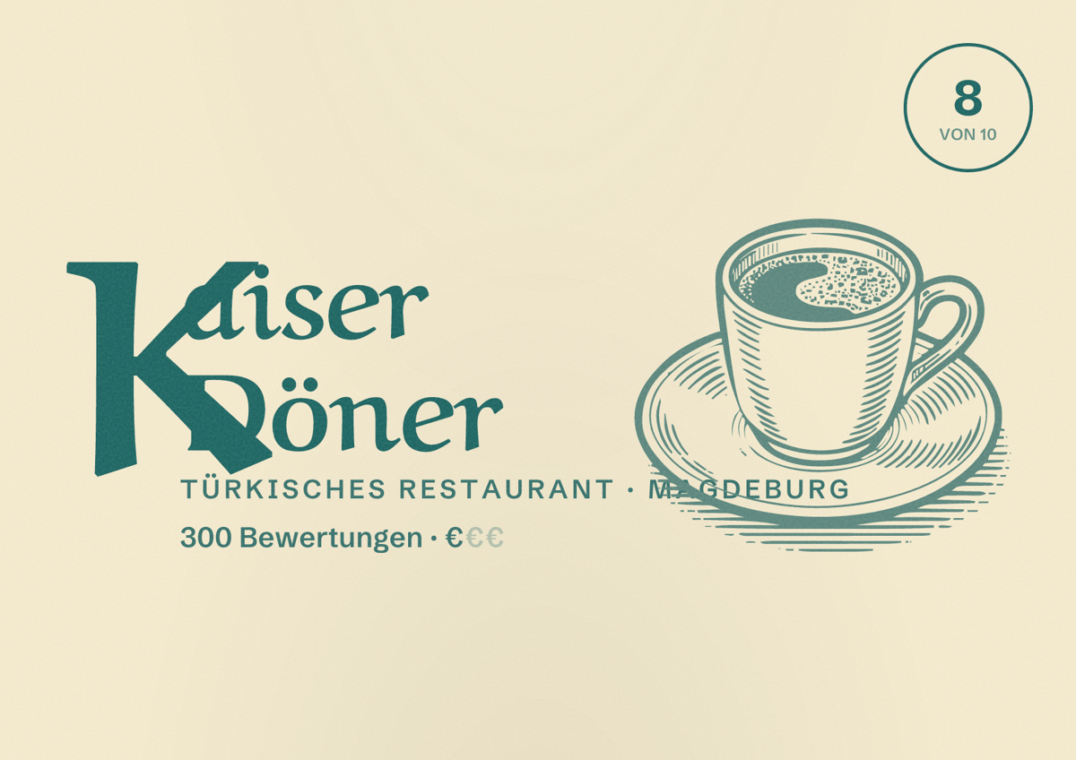 Illustriertes Poster von Kaiser Döner, Türkisches Restaurant in Magdeburg: Bewertung 8,0 von 10 aus 300 Bewertungen, Preisniveau €