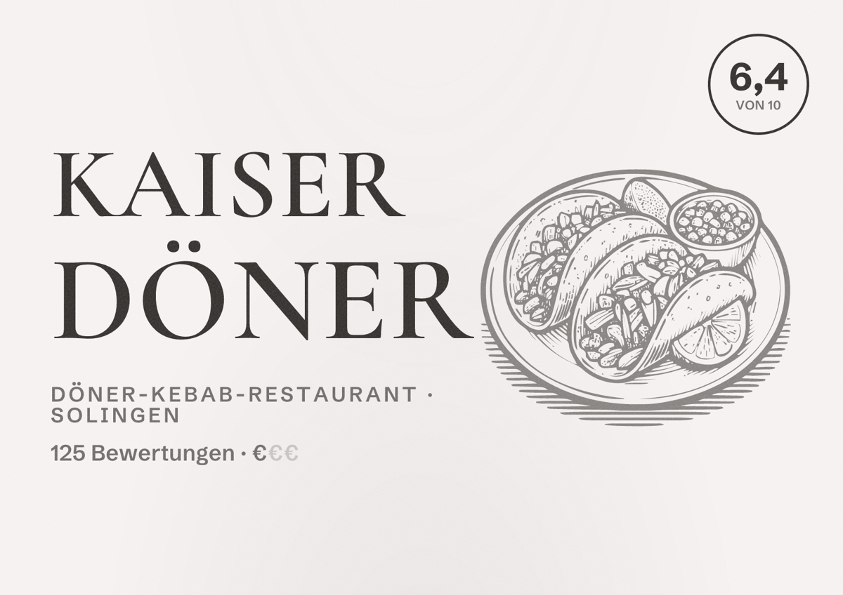 Illustriertes Poster von Kaiser Döner, Döner-Kebab-Restaurant in Solingen: Bewertung 6,4 von 10 aus 125 Bewertungen, Preisniveau €