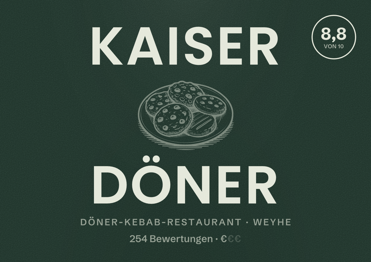 Illustriertes Poster von Kaiser Döner, Döner-Kebab-Restaurant in Weyhe: Bewertung 8,8 von 10 aus 254 Bewertungen, Preisniveau €