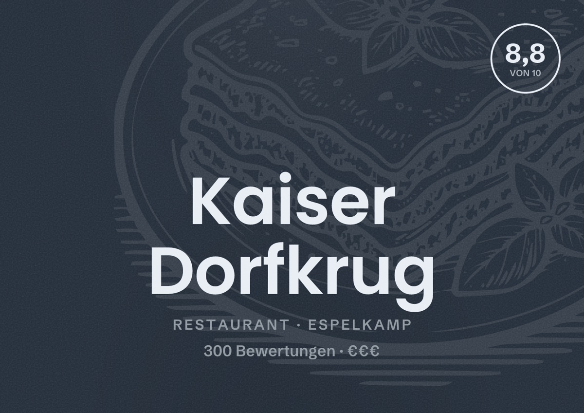 Illustriertes Poster von Kaiser Dorfkrug, Restaurant in Espelkamp: Bewertung 8,8 von 10 aus 300 Bewertungen, Preisniveau €€€