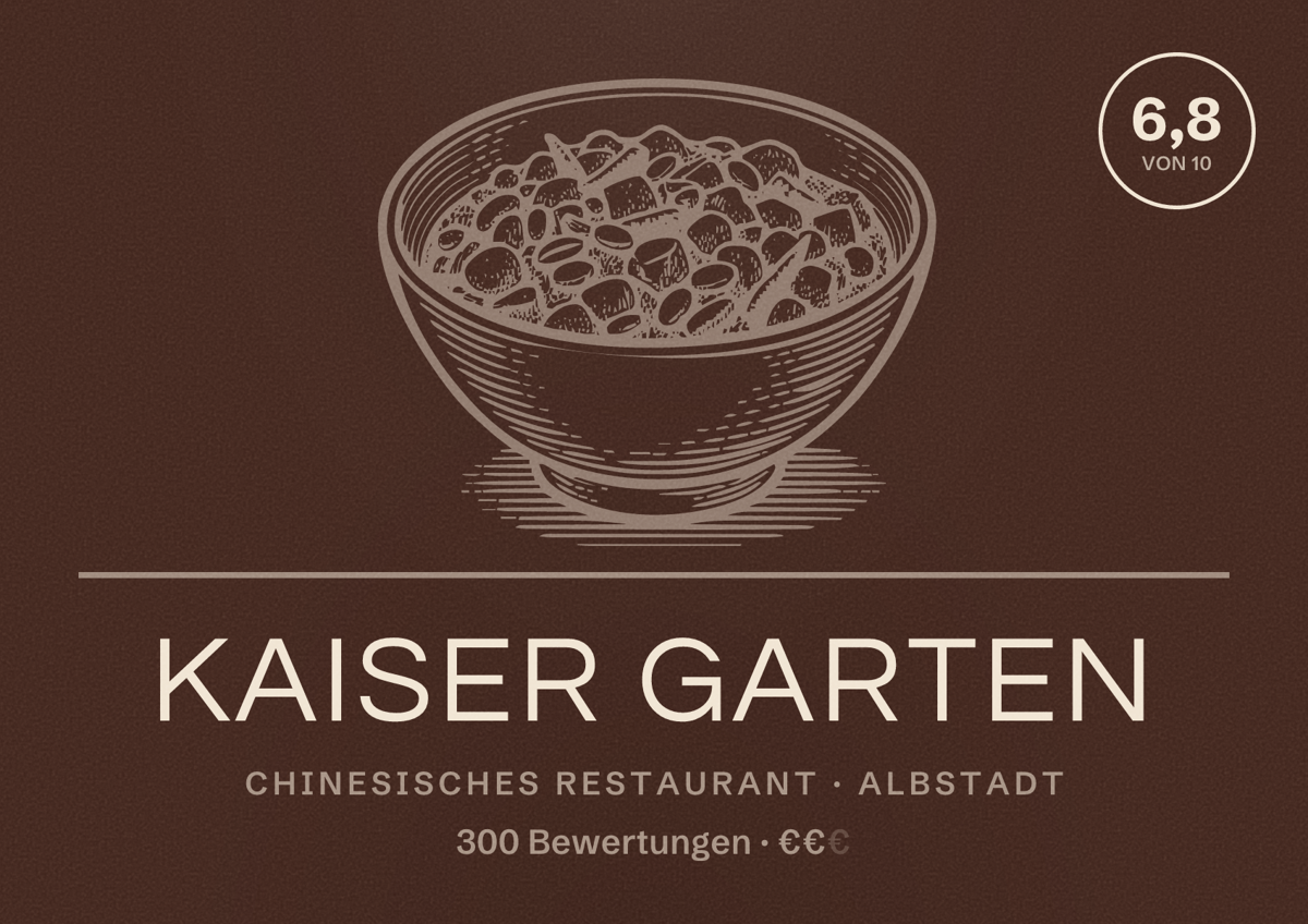 Illustriertes Poster von Kaiser Garten, Chinesisches Restaurant in Albstadt: Bewertung 6,8 von 10 aus 300 Bewertungen, Preisniveau €€
