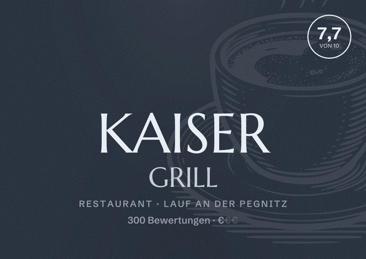 Illustriertes Poster von KAISER GRILL, Restaurant in Lauf an der Pegnitz: Bewertung 7,7 von 10 aus 300 Bewertungen, Preisniveau €