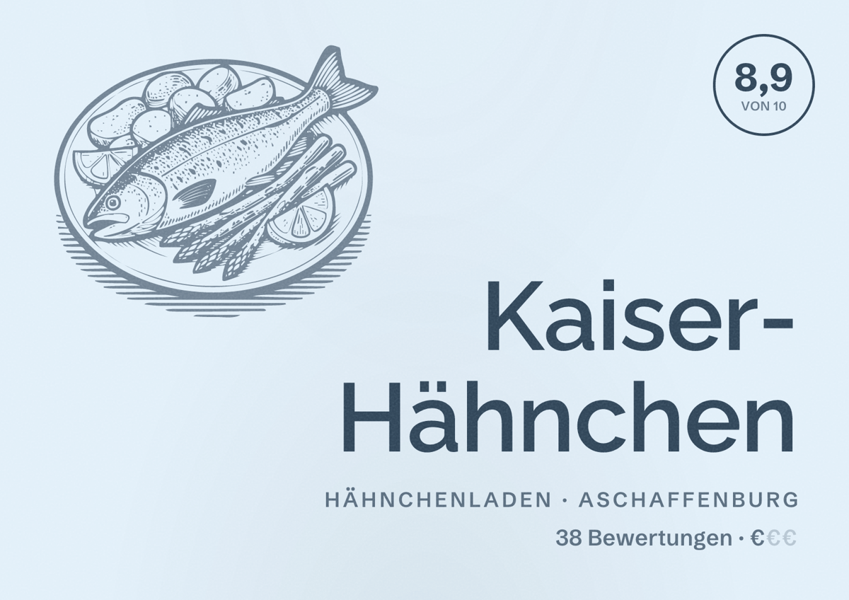 Illustriertes Poster von Kaiser- Hähnchen, Hähnchenladen in Aschaffenburg: Bewertung 8,9 von 10 aus 38 Bewertungen, Preisniveau €