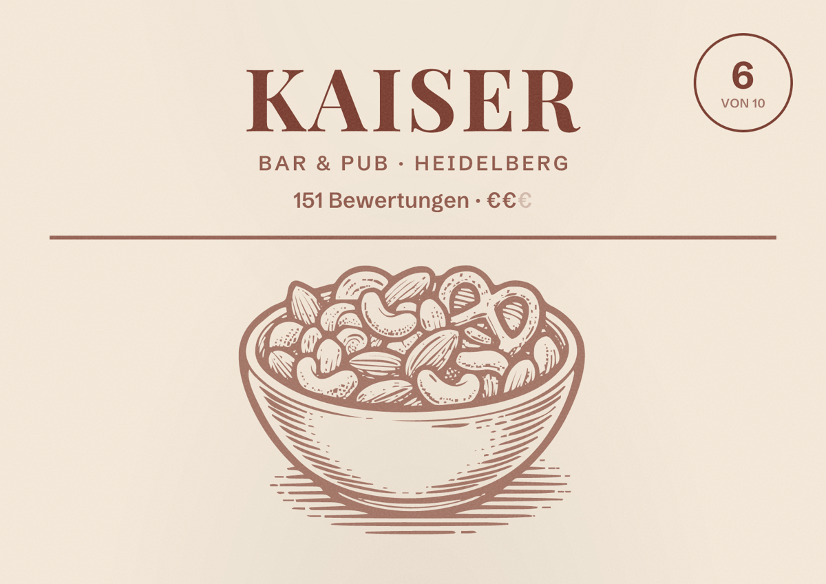 Illustriertes Poster von Kaiser, Bar & Pub in Heidelberg: Bewertung 6 von 10 aus 151 Bewertungen, Preisniveau €€