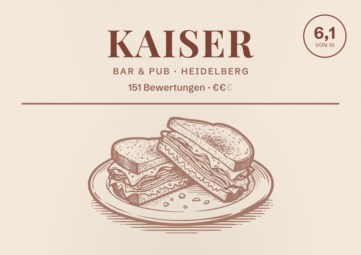 Illustriertes Poster von Kaiser, Bar & Pub in Heidelberg: Bewertung 6,1 von 10 aus 151 Bewertungen, Preisniveau €€