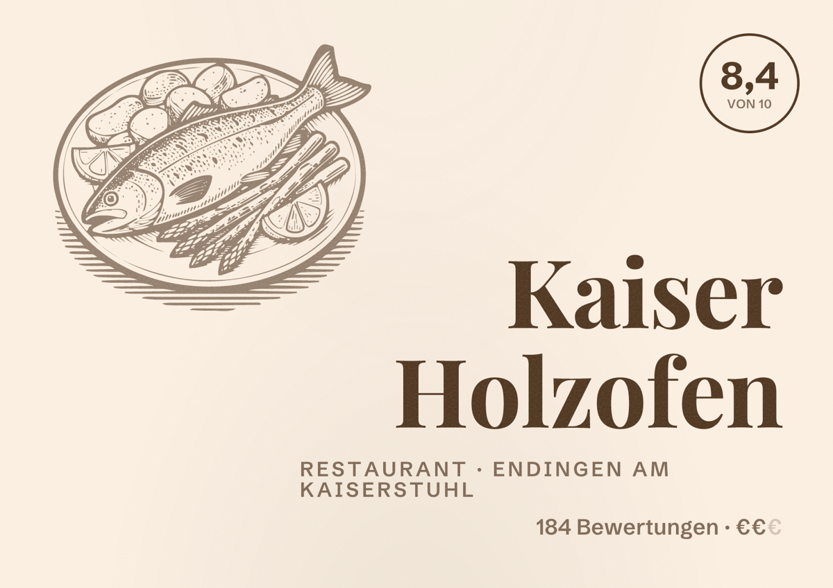 Illustriertes Poster von Kaiser Holzofen, Restaurant in Endingen am Kaiserstuhl: Bewertung 8,4 von 10 aus 184 Bewertungen, Preisniveau €€