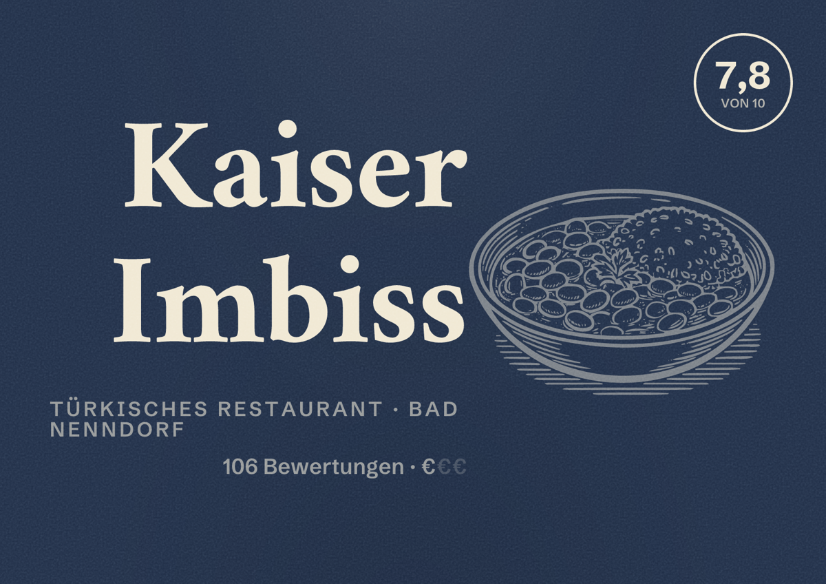 Illustriertes Poster von Kaiser Imbiss, Türkisches Restaurant in Bad Nenndorf: Bewertung 7,8 von 10 aus 106 Bewertungen, Preisniveau €