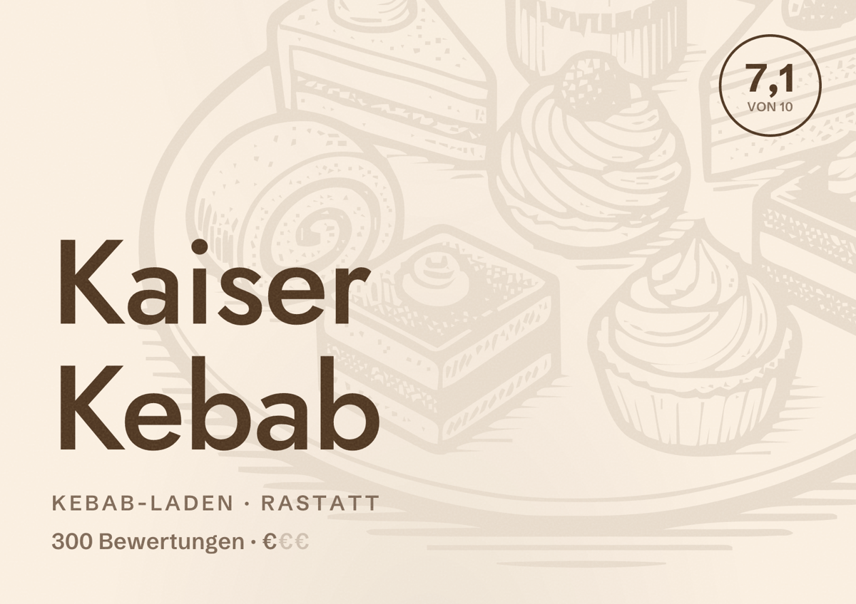 Illustriertes Poster von Kaiser Kebab, Kebab-Laden in Rastatt: Bewertung 7,1 von 10 aus 300 Bewertungen, Preisniveau €