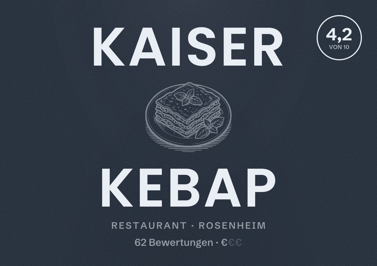 Illustriertes Poster von Kaiser Kebap, Restaurant in Rosenheim: Bewertung 4,2 von 10 aus 62 Bewertungen, Preisniveau €