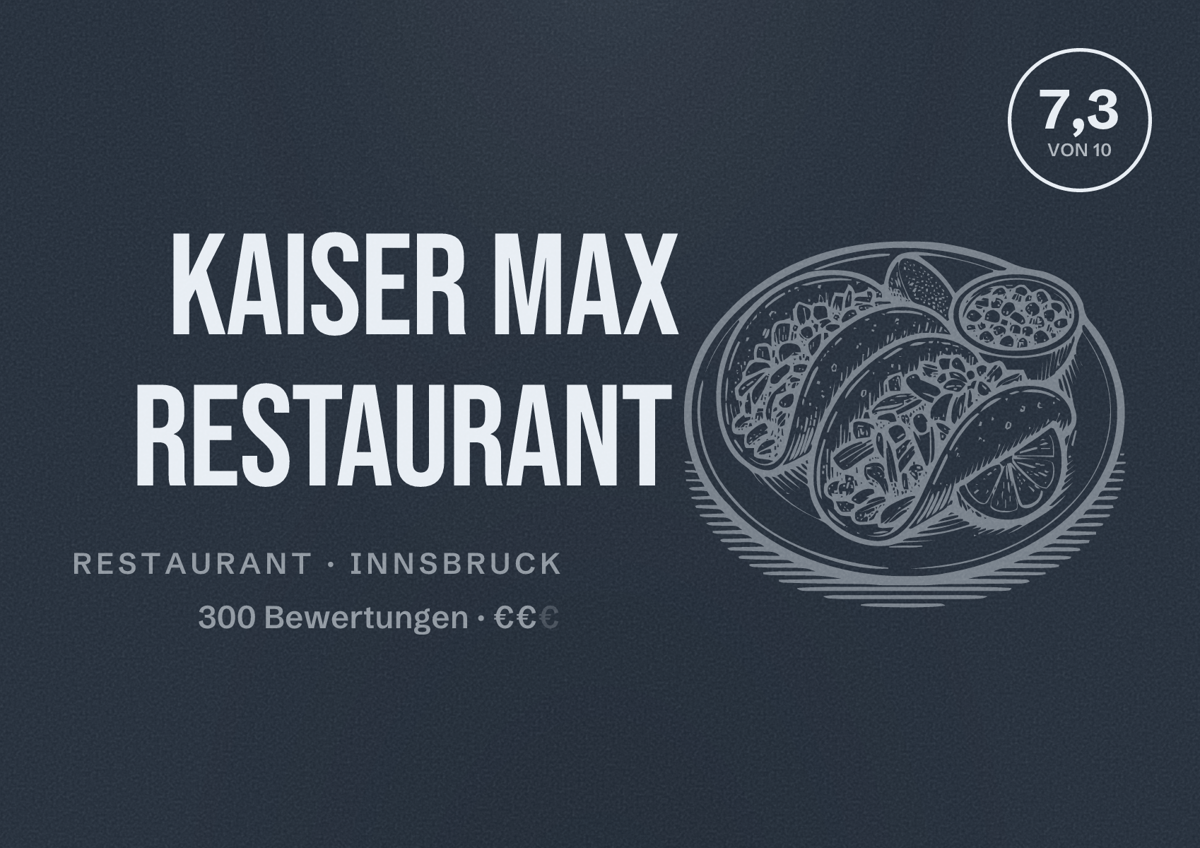 Illustriertes Poster von Kaiser Max Restaurant, Restaurant in Innsbruck: Bewertung 7,3 von 10 aus 300 Bewertungen, Preisniveau €€