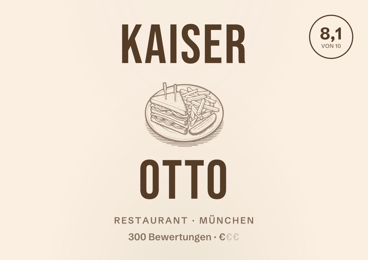 Illustriertes Poster von Kaiser Otto, Restaurant in München: Bewertung 8,1 von 10 aus 300 Bewertungen, Preisniveau €