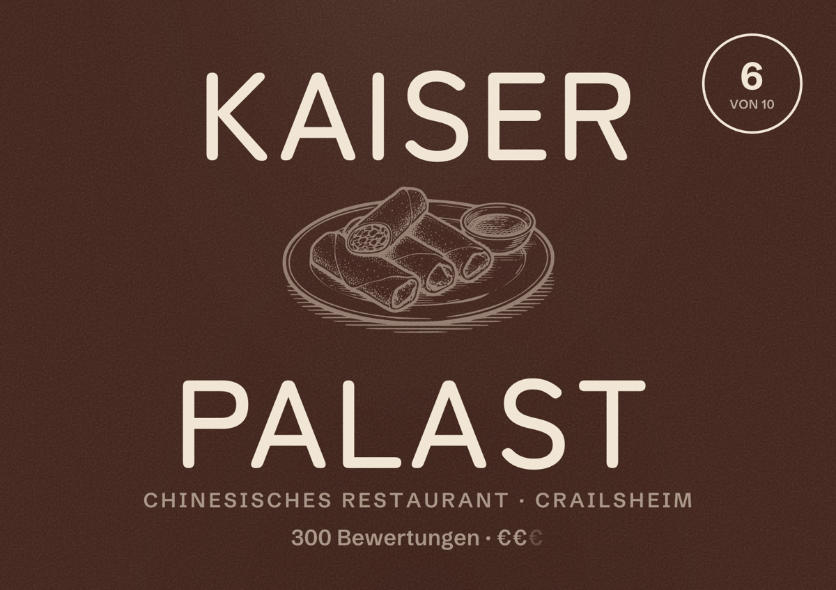 Illustriertes Poster von Kaiser Palast, Chinesisches Restaurant in Crailsheim: Bewertung 6 von 10 aus 300 Bewertungen, Preisniveau €€