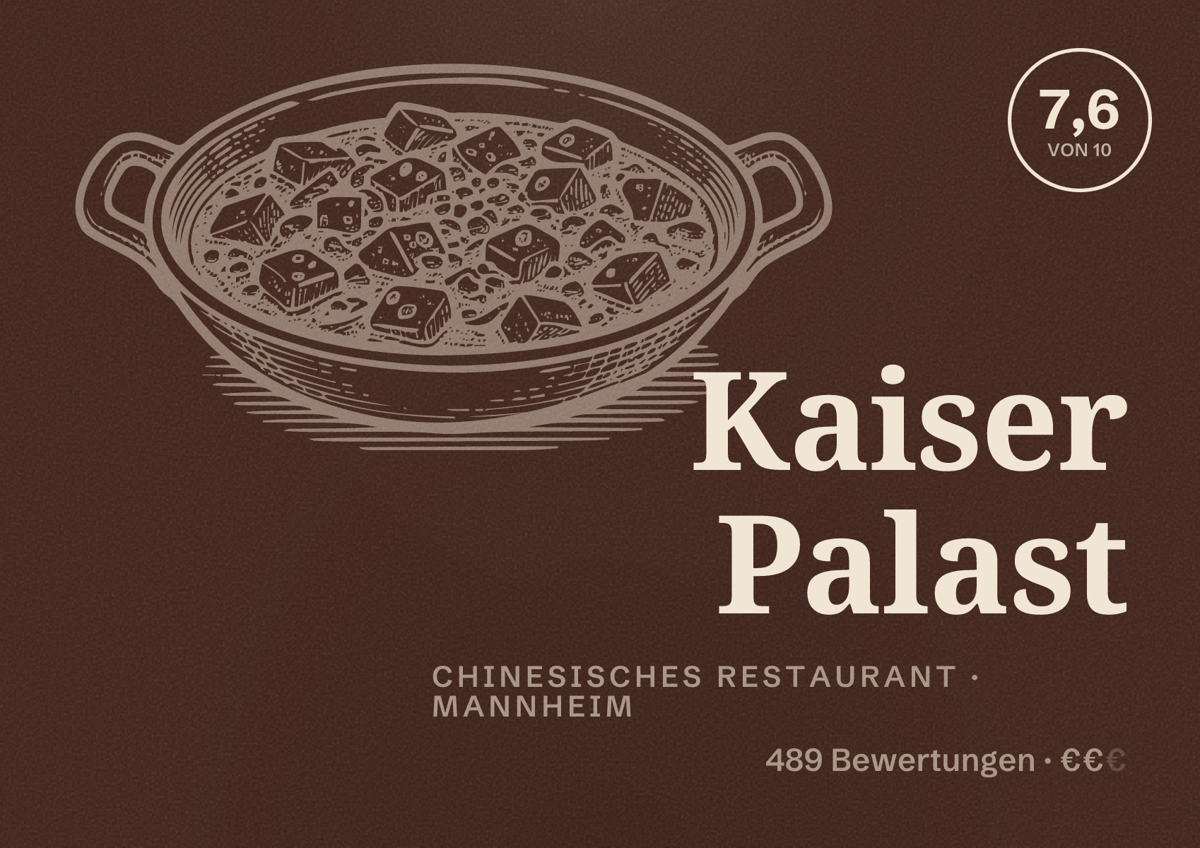 Illustriertes Poster von Kaiser Palast, Chinesisches Restaurant in Mannheim: Bewertung 7,6 von 10 aus 489 Bewertungen, Preisniveau €€