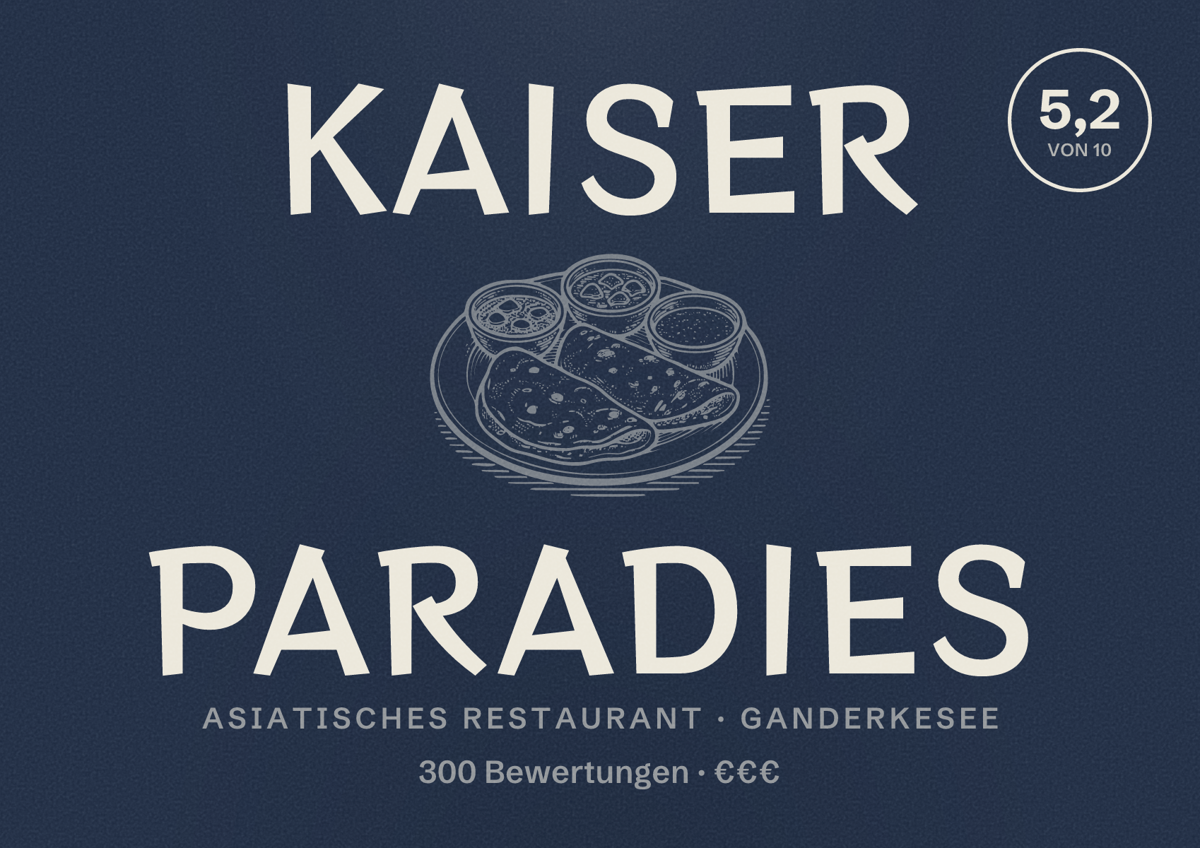 Illustriertes Poster von Kaiser Paradies, Asiatisches Restaurant in Ganderkesee: Bewertung 5,2 von 10 aus 300 Bewertungen, Preisniveau €€€