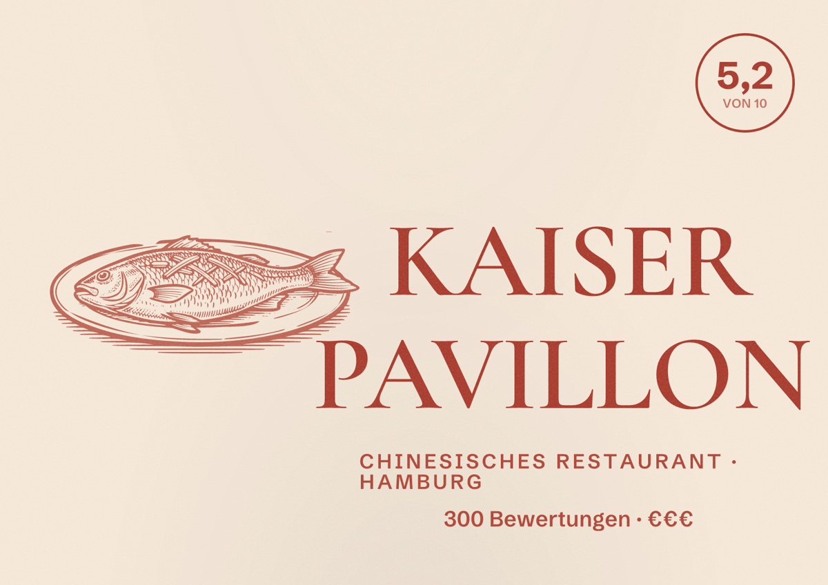 Illustriertes Poster von KAISER PAVILLON, Chinesisches Restaurant in Hamburg: Bewertung 5,2 von 10 aus 300 Bewertungen, Preisniveau €€€