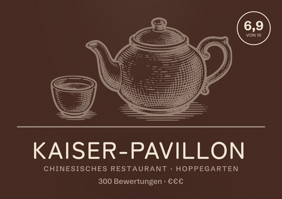Illustriertes Poster von Kaiser-Pavillon, Chinesisches Restaurant in Hoppegarten: Bewertung 6,9 von 10 aus 300 Bewertungen, Preisniveau €€€