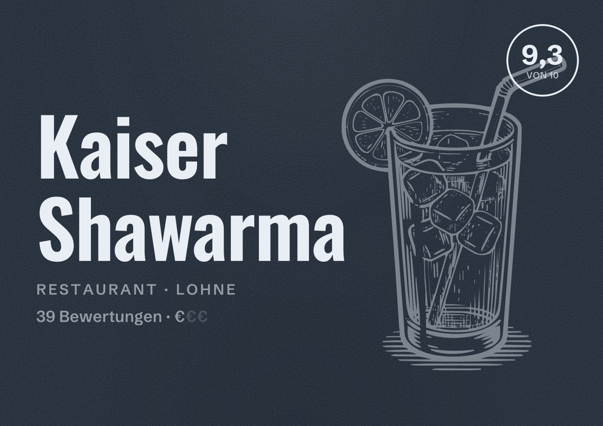 Illustriertes Poster von Kaiser Shawarma, Restaurant in Lohne: Bewertung 9,3 von 10 aus 39 Bewertungen, Preisniveau €