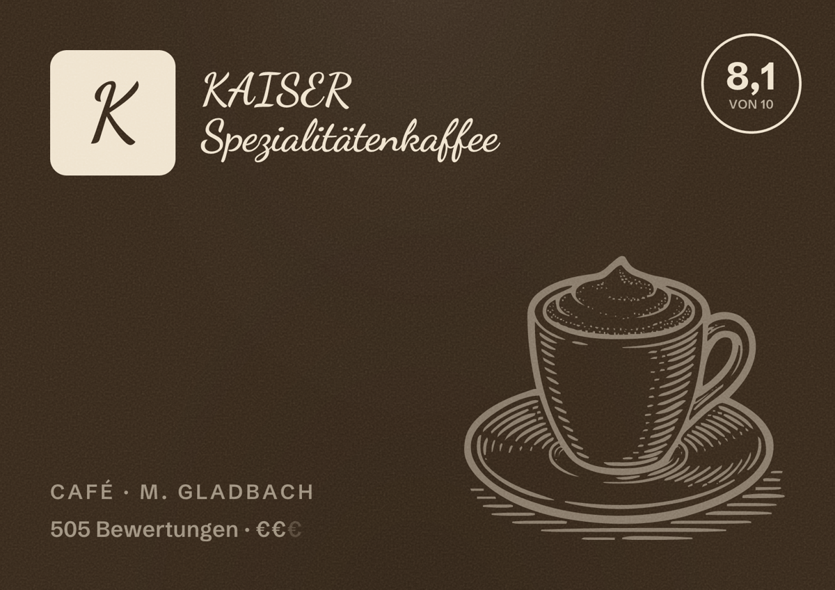 Illustriertes Poster von KAISER Spezialitätenkaffee, Café in M. Gladbach: Bewertung 8,1 von 10 aus 505 Bewertungen, Preisniveau €€