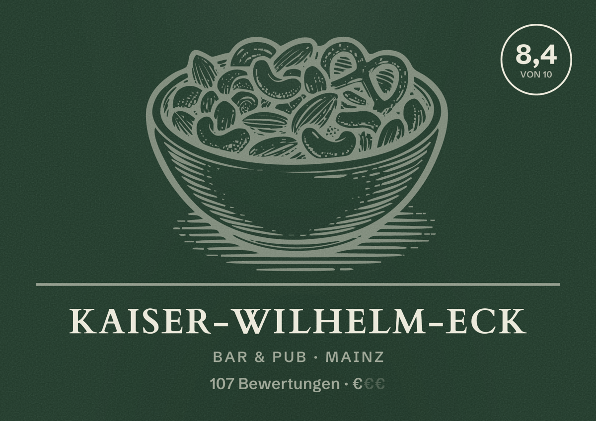 Illustriertes Poster von Kaiser-Wilhelm-Eck, Bar & Pub in Mainz: Bewertung 8,4 von 10 aus 107 Bewertungen, Preisniveau €