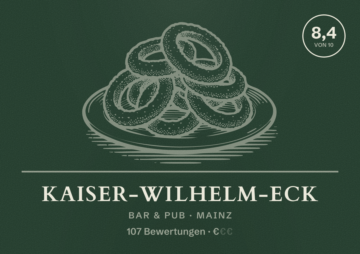 Illustriertes Poster von Kaiser-Wilhelm-Eck, Bar & Pub in Mainz: Bewertung 8,4 von 10 aus 107 Bewertungen, Preisniveau €