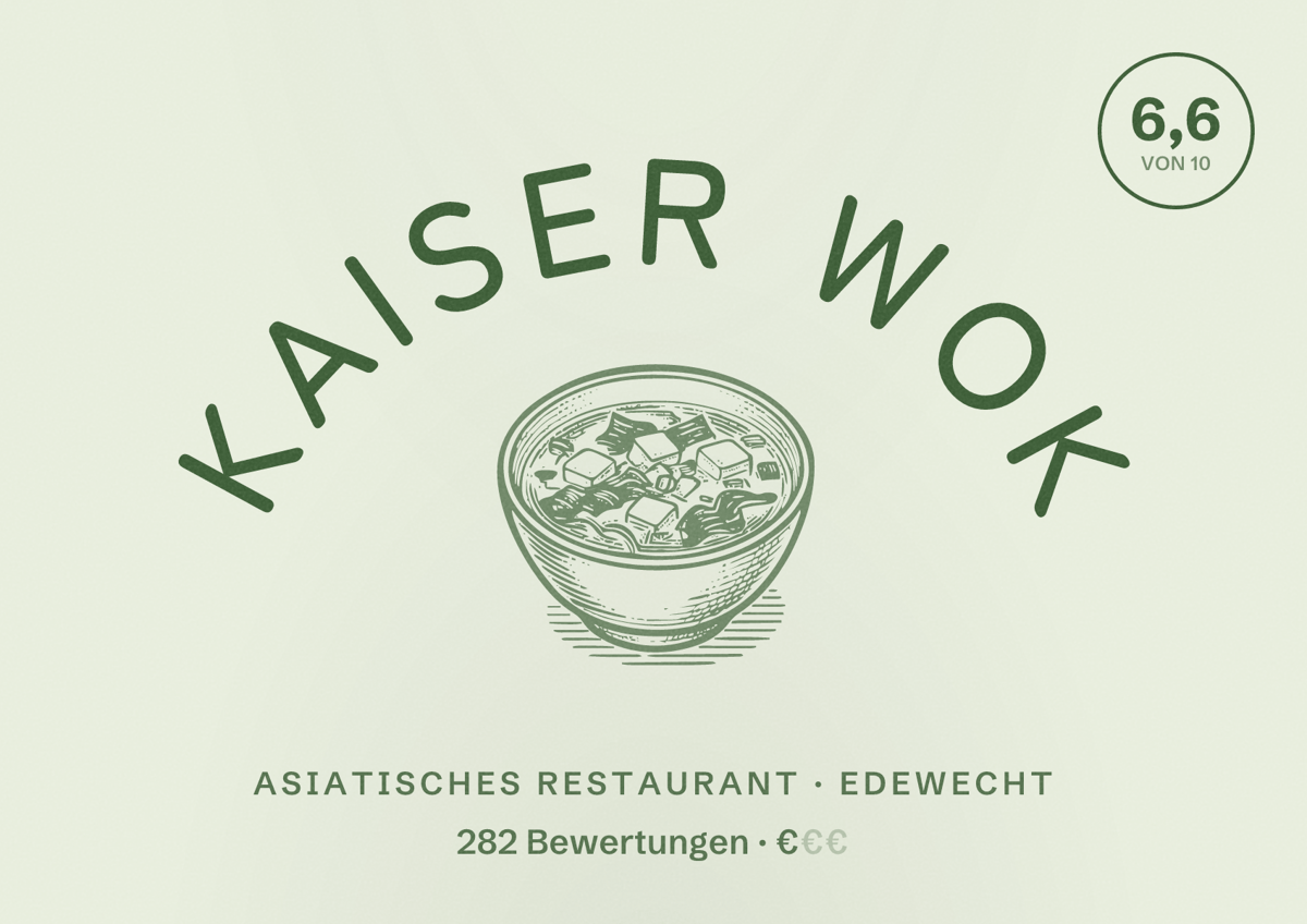 Illustriertes Poster von Kaiser Wok, Asiatisches Restaurant in Edewecht: Bewertung 6,6 von 10 aus 282 Bewertungen, Preisniveau €