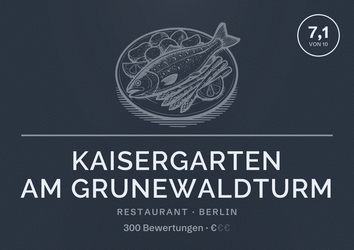 Illustriertes Poster von Kaisergarten am Grunewaldturm, Restaurant in Berlin: Bewertung 7,1 von 10 aus 300 Bewertungen, Preisniveau €