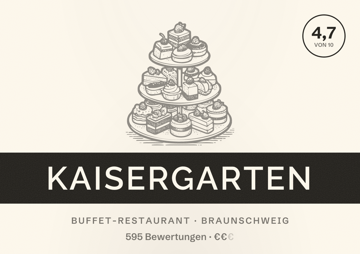Illustriertes Poster von Kaisergarten, Buffet-Restaurant in Braunschweig: Bewertung 4,7 von 10 aus 595 Bewertungen, Preisniveau €€