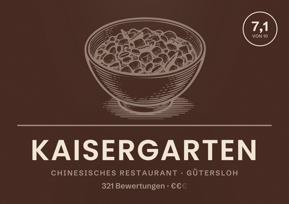 Illustriertes Poster von Kaisergarten, Chinesisches Restaurant in Gütersloh: Bewertung 7,1 von 10 aus 321 Bewertungen, Preisniveau €€