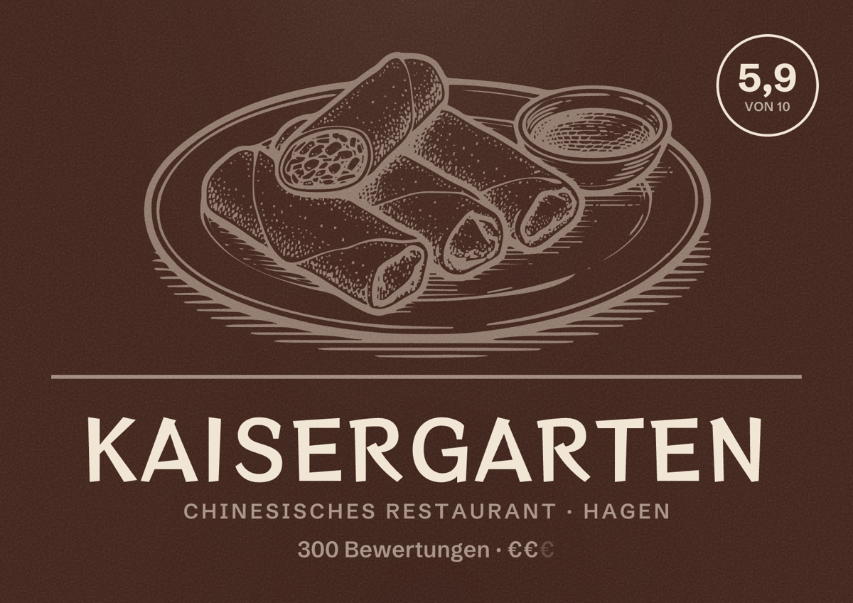 Illustriertes Poster von Kaisergarten, Chinesisches Restaurant in Hagen: Bewertung 5,9 von 10 aus 300 Bewertungen, Preisniveau €€