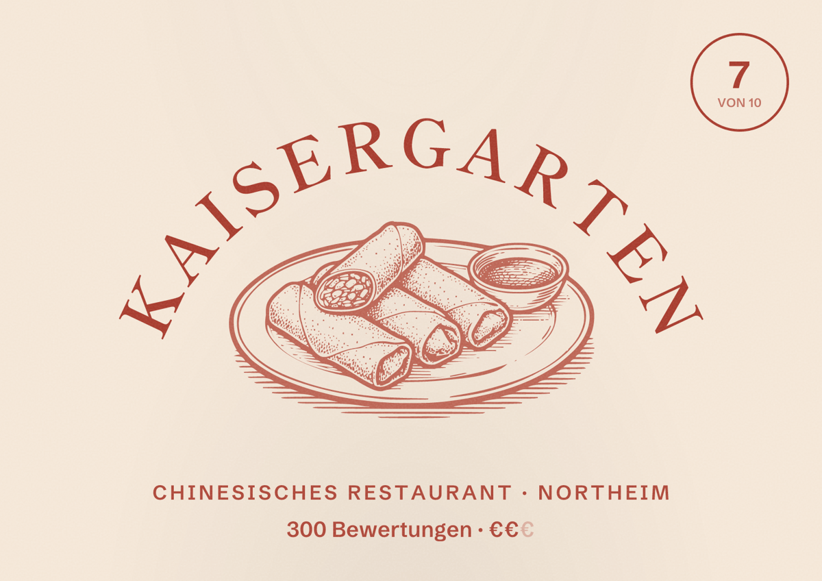Illustriertes Poster von Kaisergarten, Chinesisches Restaurant in Northeim: Bewertung 7 von 10 aus 300 Bewertungen, Preisniveau €€