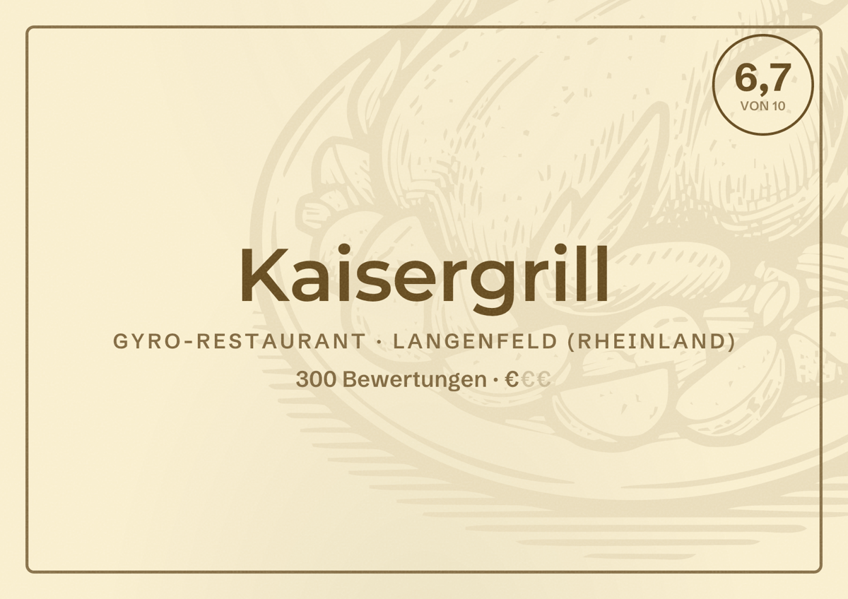 Illustriertes Poster von Kaisergrill, Gyro-Restaurant in Langenfeld (Rheinland): Bewertung 6,7 von 10 aus 300 Bewertungen, Preisniveau €